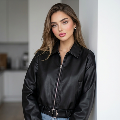 Ryvella Belted Leather Bomber