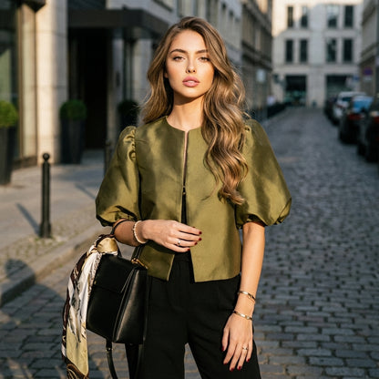 Satelle Puff-Sleeve Satin Blouse
