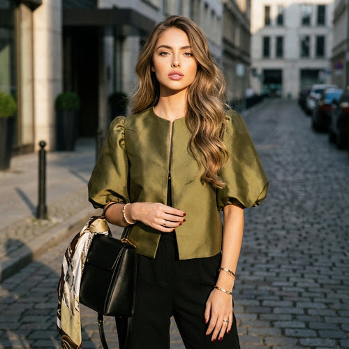 Satelle Puff-Sleeve Satin Blouse
