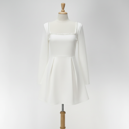 Pearl Square Collar Elegant A-Line Mini Dress