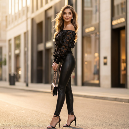 Asymira Appliqué Slant-Shoulder Blouse