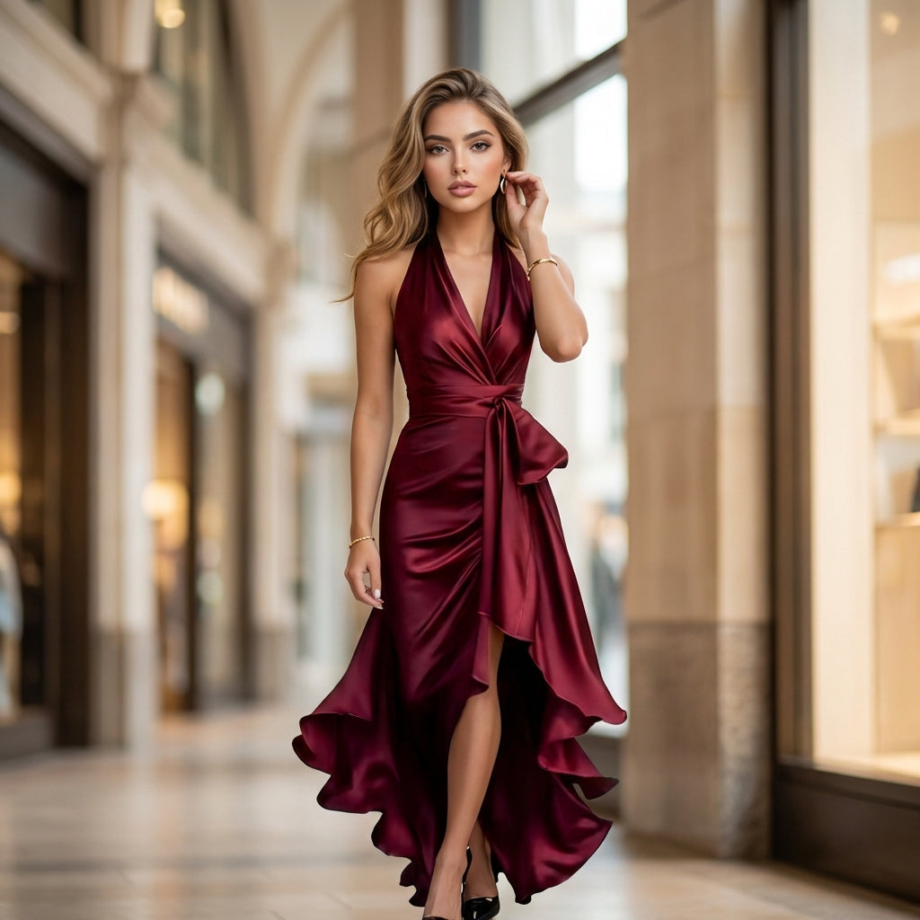 Elvoria Sleeveless Satin Holiday Dress