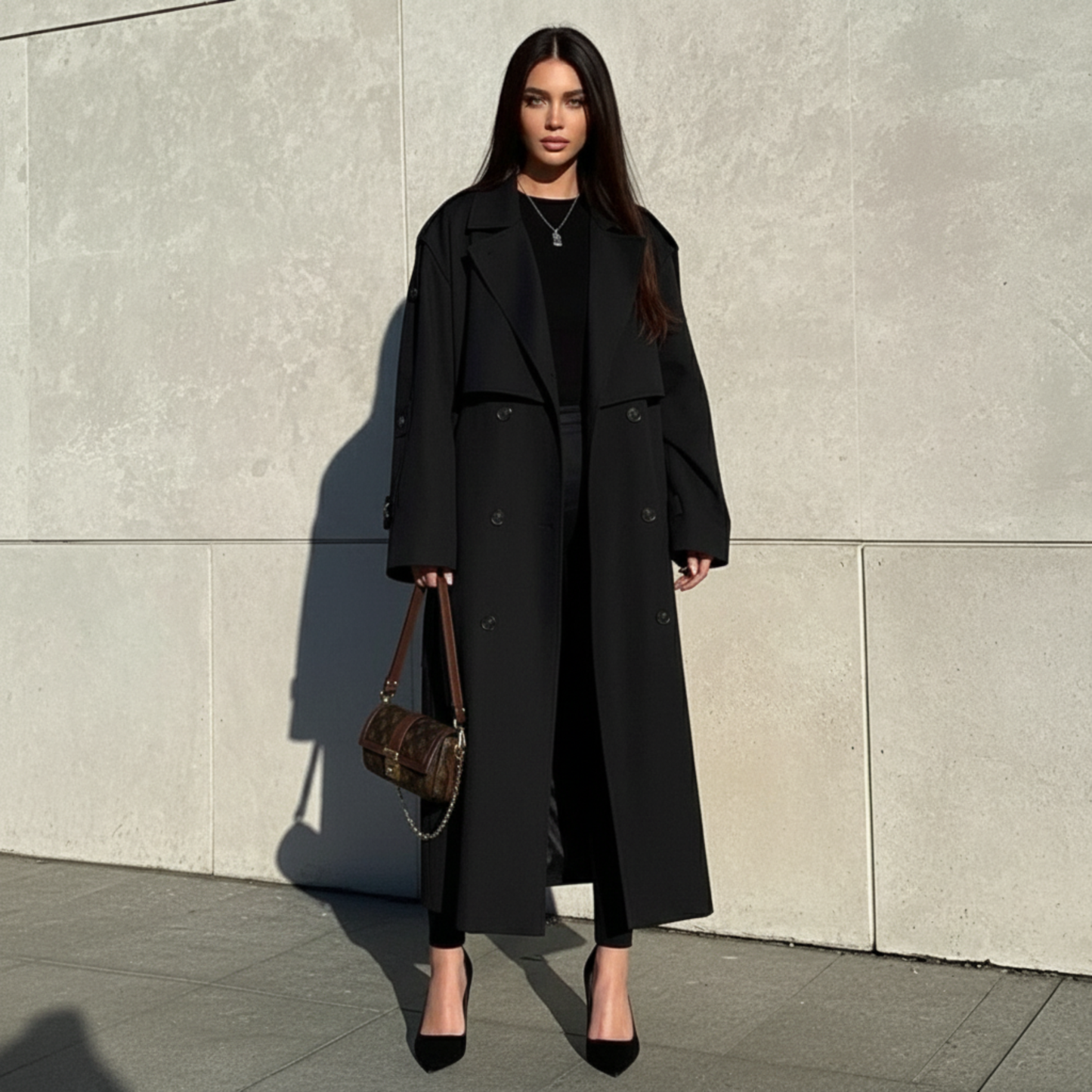 Oversized Double-Breasted Long Trench Coat