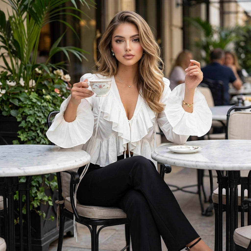 Virelle Lace-Up V-Neck Blouse