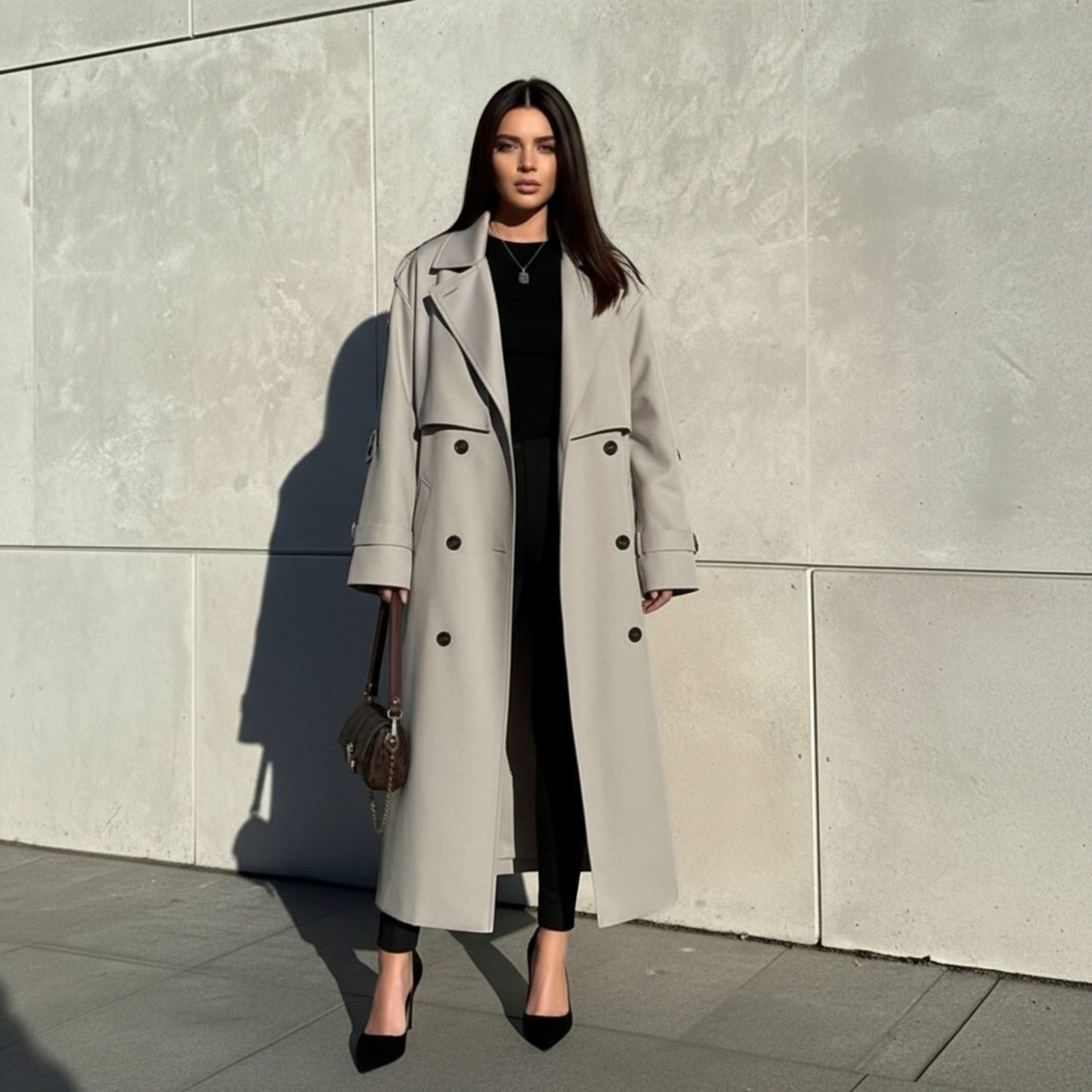 Oversized Double-Breasted Long Trench Coat