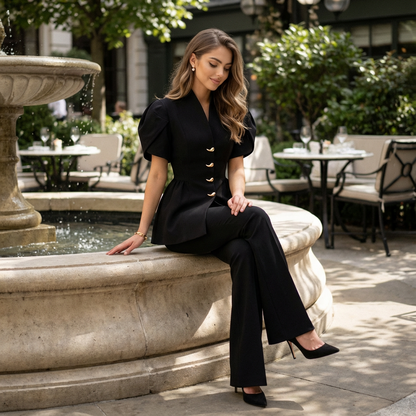 Elvessa Puff-Sleeve Button Co-Ord