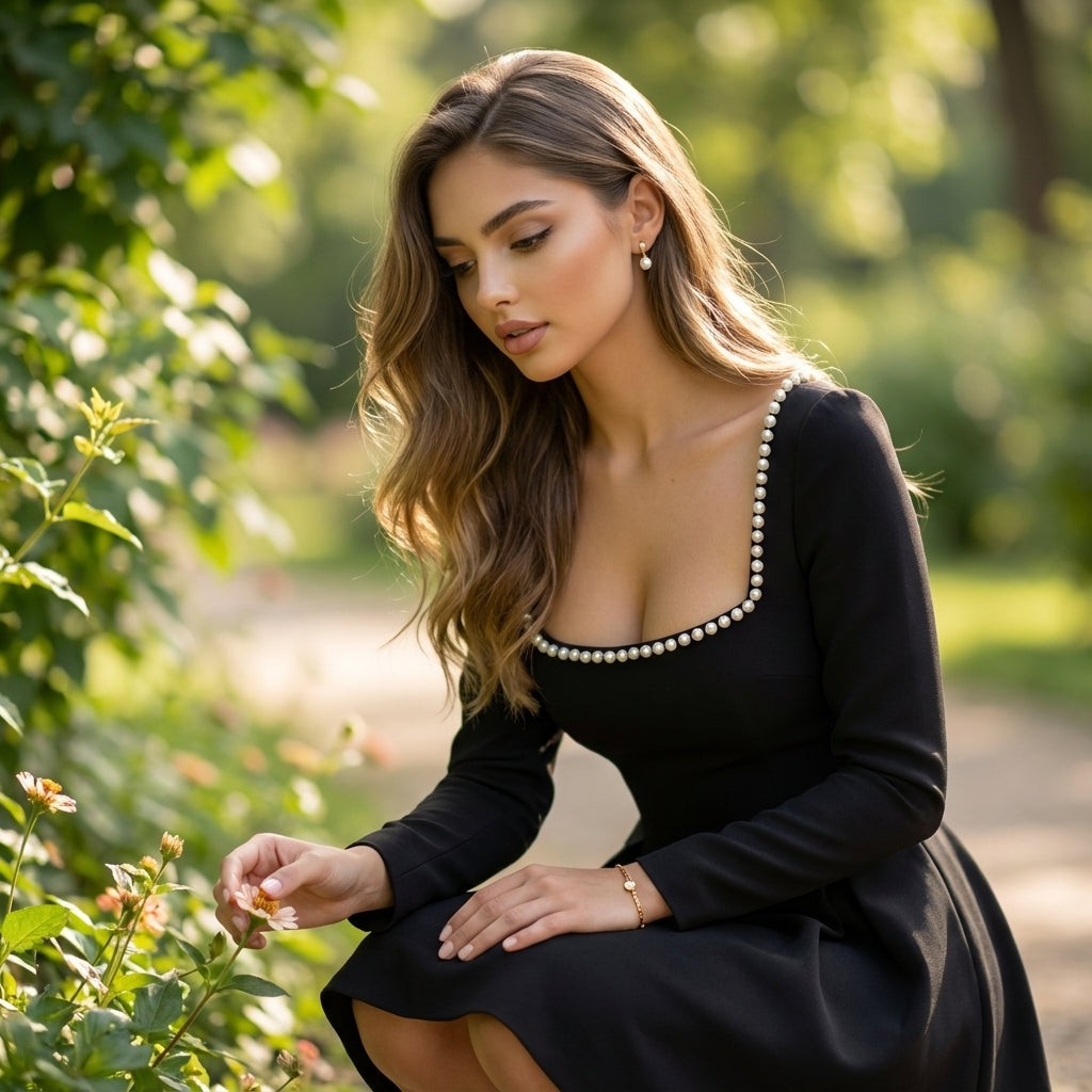 Pearl Square Collar Elegant A-Line Mini Dress