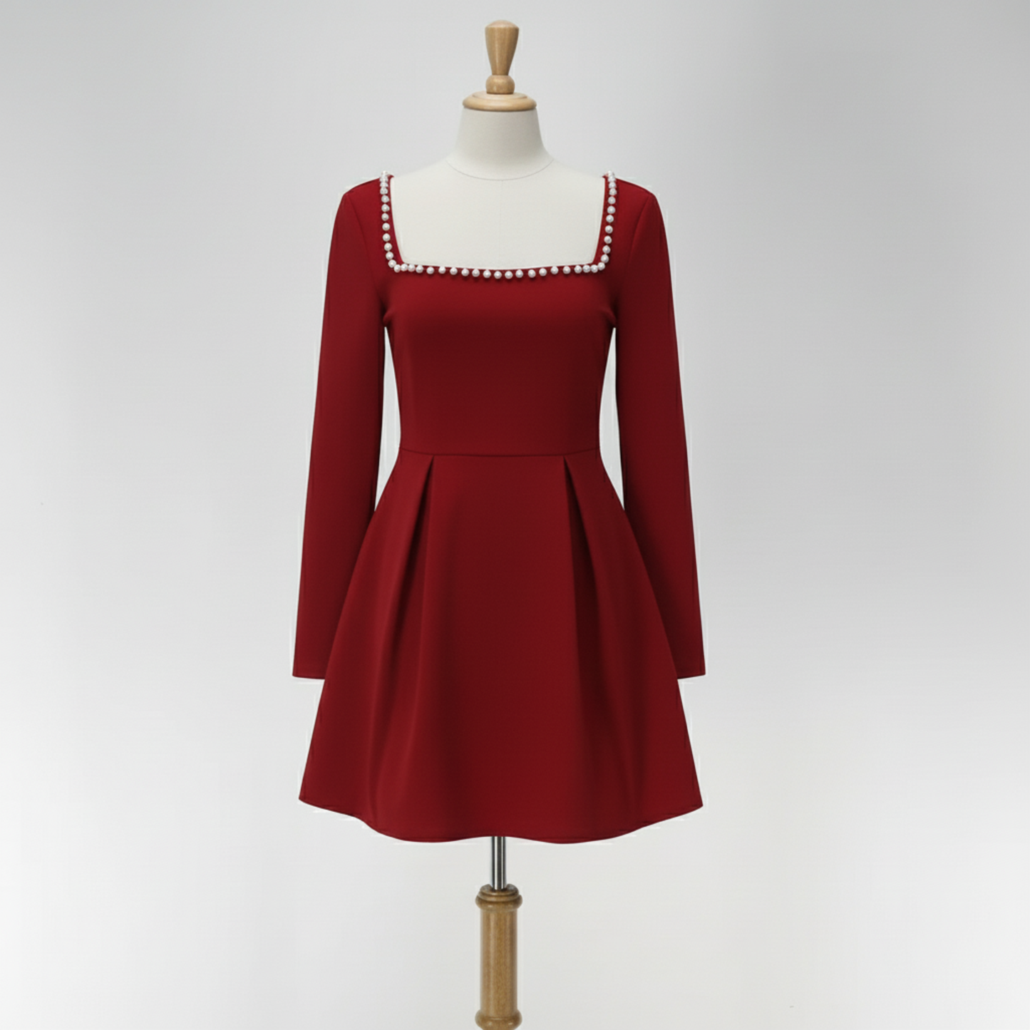 Pearl Square Collar Elegant A-Line Mini Dress