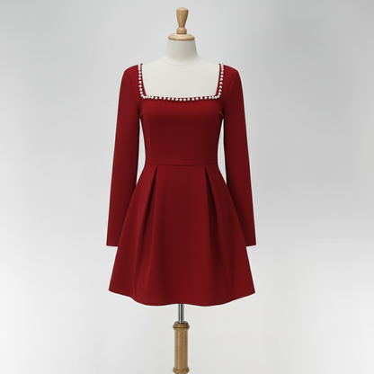 Pearl Square Collar Elegant A-Line Mini Dress