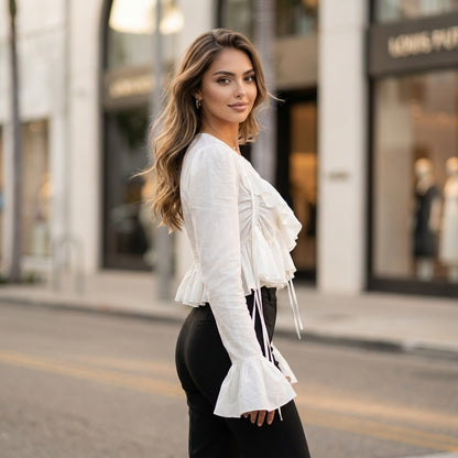 Virelle Lace-Up V-Neck Blouse