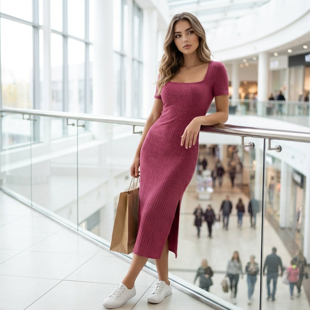 Square-Neck Knit Midi Dress
