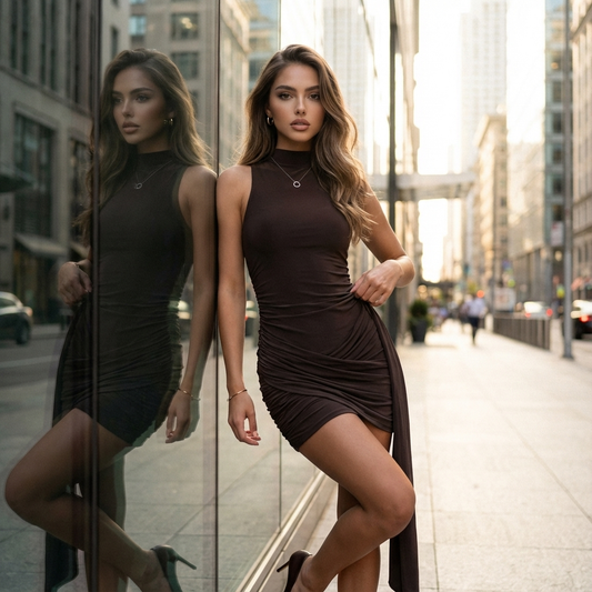 Sleeveless Ruched Turtleneck Mini Dress