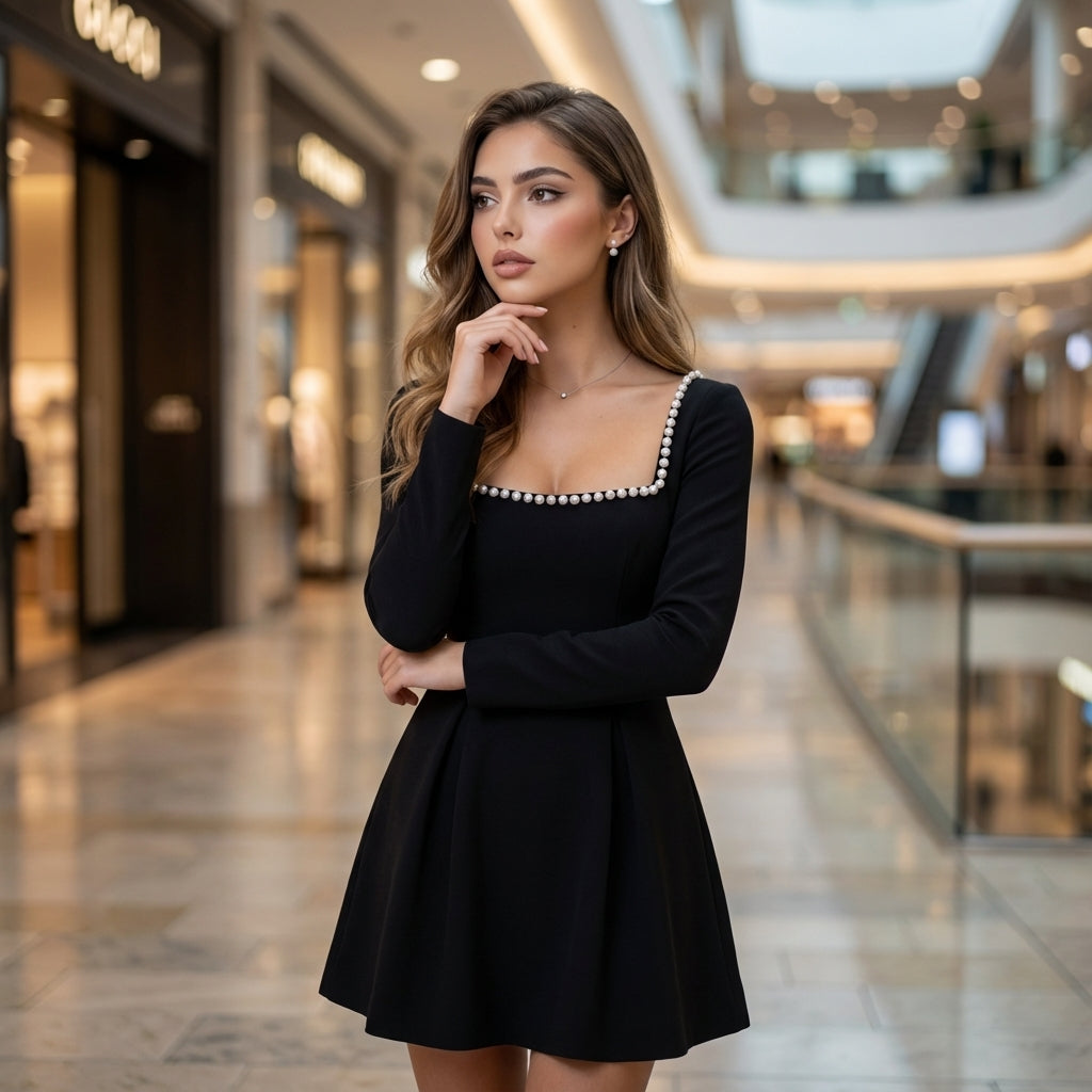 Pearl Square Collar Elegant A-Line Mini Dress