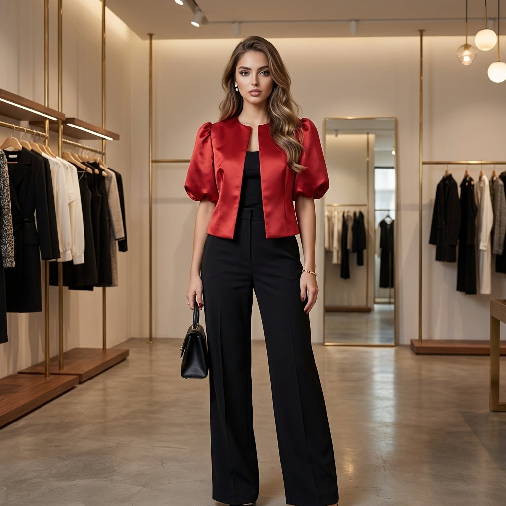 Satelle Puff-Sleeve Satin Blouse