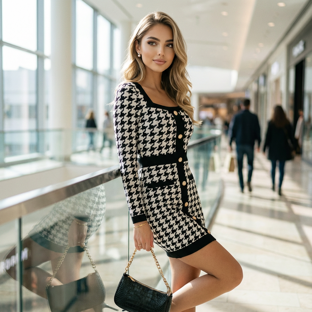 Elara Square-Neck Jacquard Dress