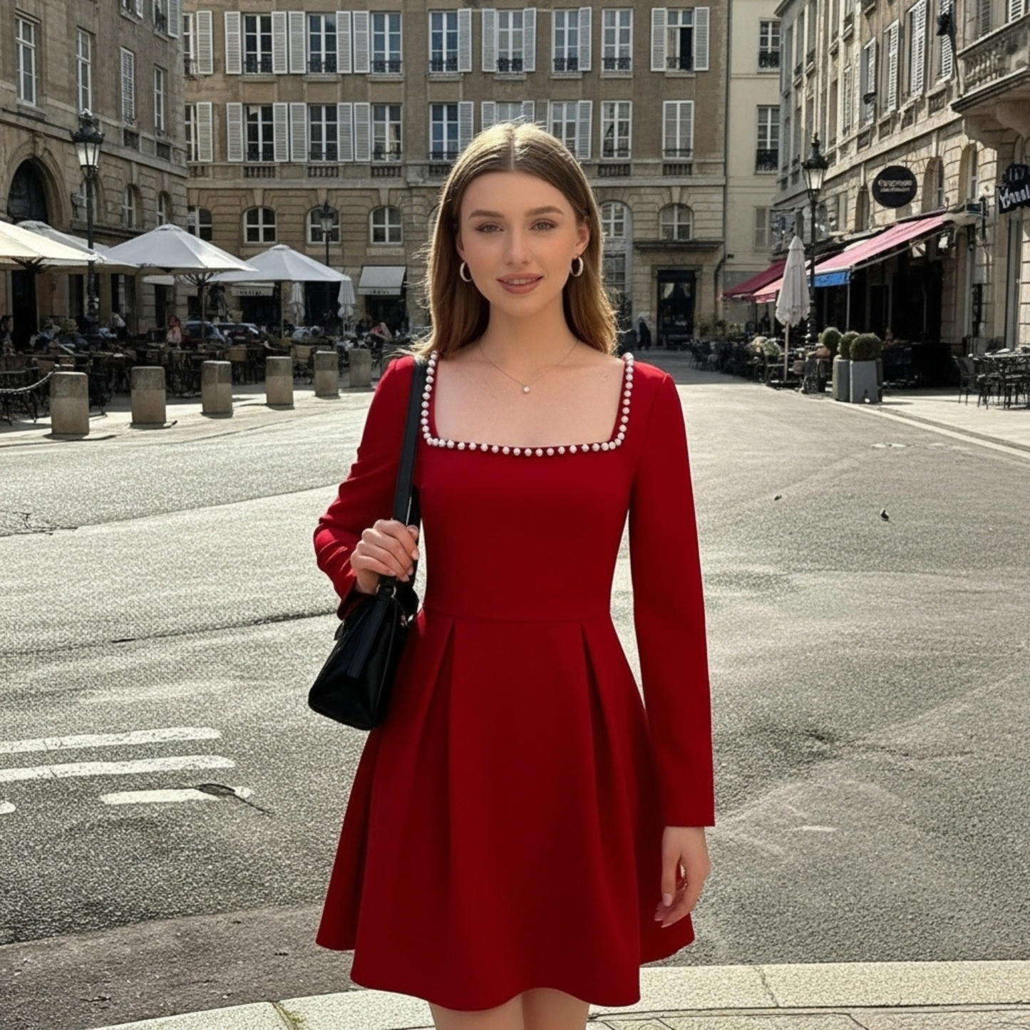 Pearl Square Collar Elegant A-Line Mini Dress