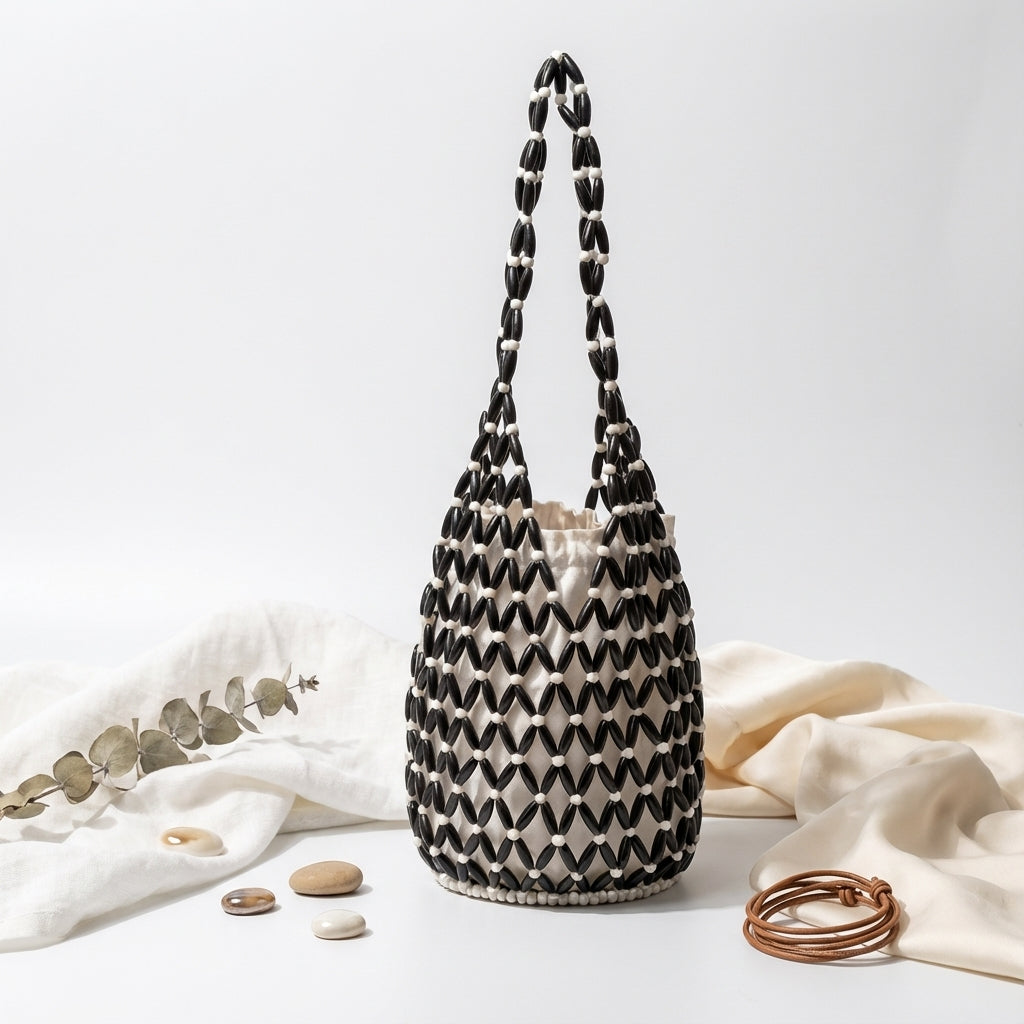 Bevoria Wooden-Bead Woven Bucket Bag