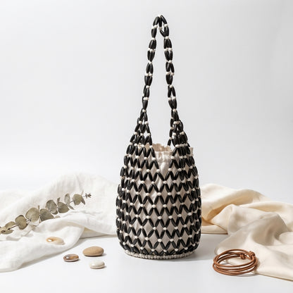 Bevoria Wooden-Bead Woven Bucket Bag