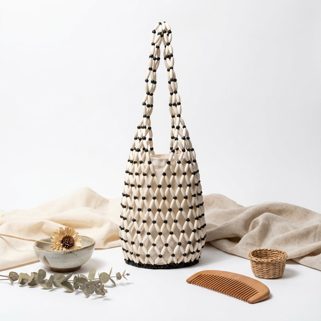 Bevoria Wooden-Bead Woven Bucket Bag
