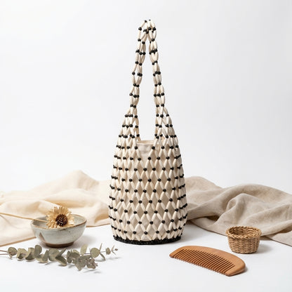 Bevoria Wooden-Bead Woven Bucket Bag