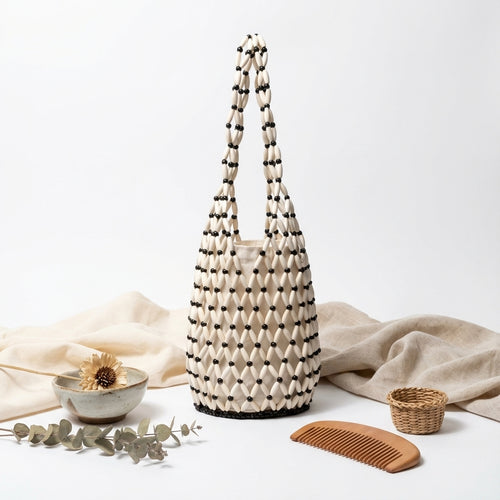 Bevoria Wooden-Bead Woven Bucket Bag