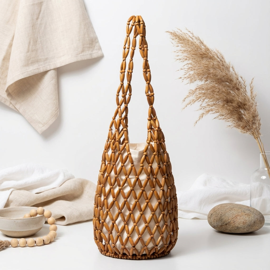 Bevoria Wooden-Bead Woven Bucket Bag